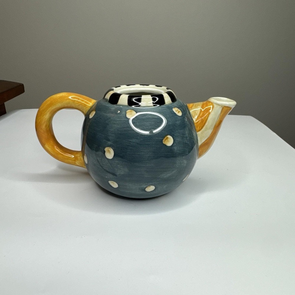 Sakura‎ Teapot China Ceramic Blue Yellow Polka Dot Tea Pot 3x7 in